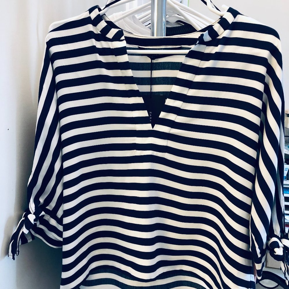 Zara V neck ribbon stripe blouse